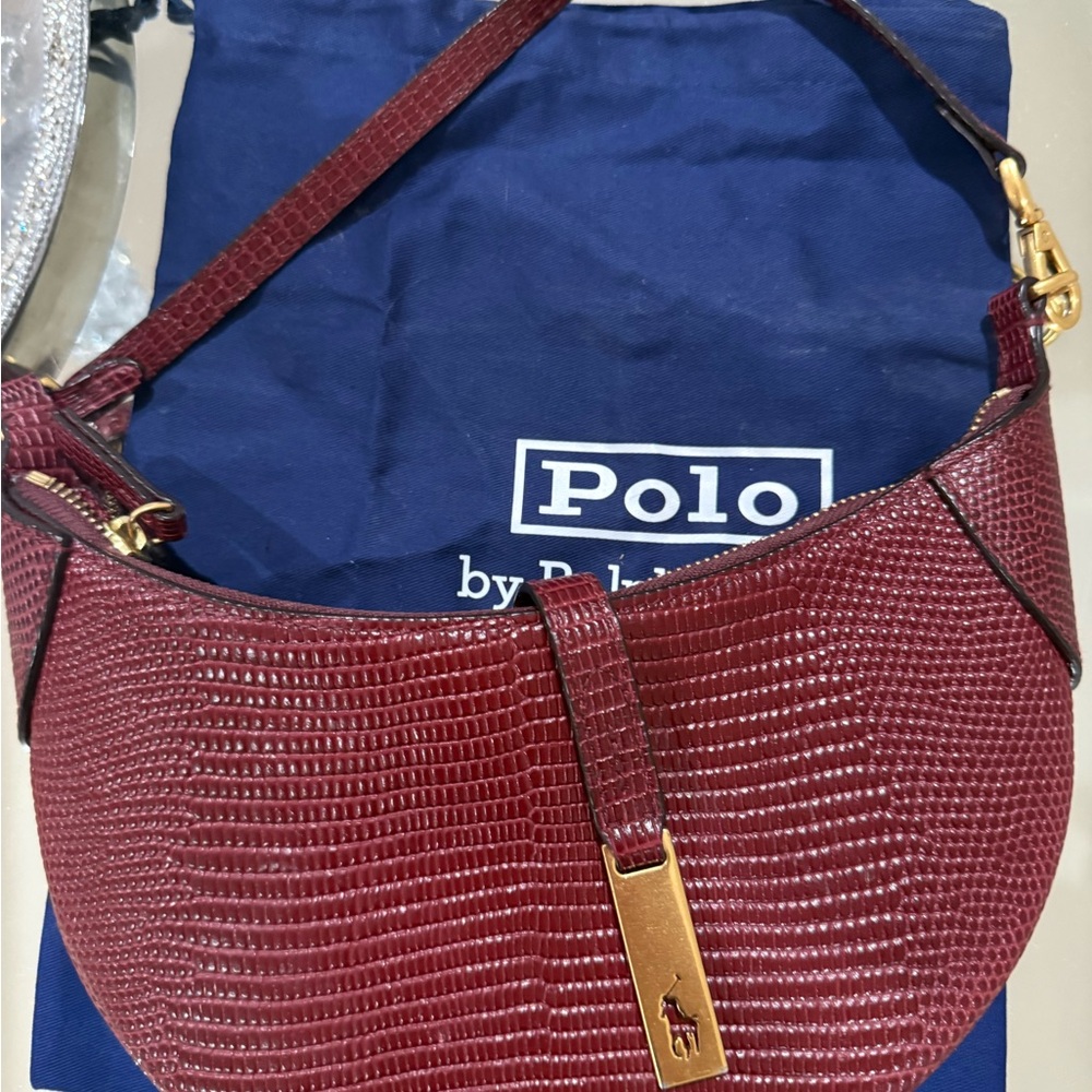 Polo by Ralph Lauren Burgundy Textured Shoulder Bag with Gold Accent - Picture 2 of 4